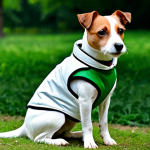 **

A sturdy Jack Russell Terrier, white with tan markings, stands alert in a lush, green park in Moscow. The dog is fully clothed in a practical, weather-resistant vest suitable for a walk in cool weather. Safe for work, appropriate content, fully clothed, family-friendly, perfect anatomy, natural proportions, professional photography, high quality.

**