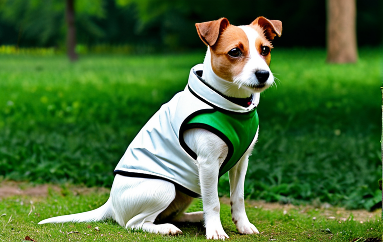 **

A sturdy Jack Russell Terrier, white with tan markings, stands alert in a lush, green park in Moscow. The dog is fully clothed in a practical, weather-resistant vest suitable for a walk in cool weather. Safe for work, appropriate content, fully clothed, family-friendly, perfect anatomy, natural proportions, professional photography, high quality.

**